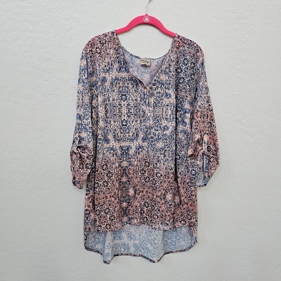 Como Vintage Tops - Como Vintage FLoral Blue Top Plus Size 3X Tunic Jersey Knit Blouse Roll Tab Long